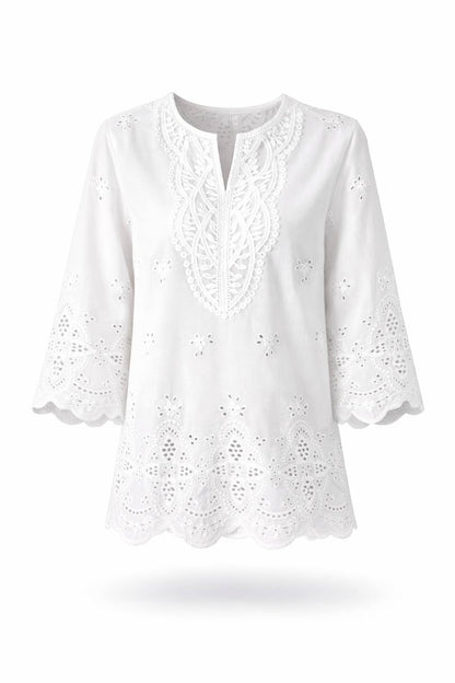 Eyelet Embroidered 3/4 Sleeve Blouse – Lace Detail V-Neck Casual Top