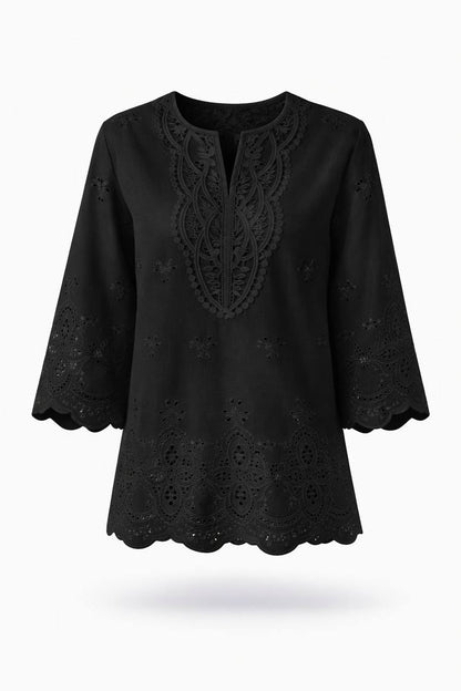 Eyelet Embroidered 3/4 Sleeve Blouse – Lace Detail V-Neck Casual Top