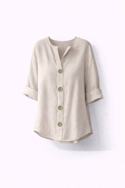 V-Neck Button Front Blouse – Relaxed Fit 3/4 Sleeve Casual Top