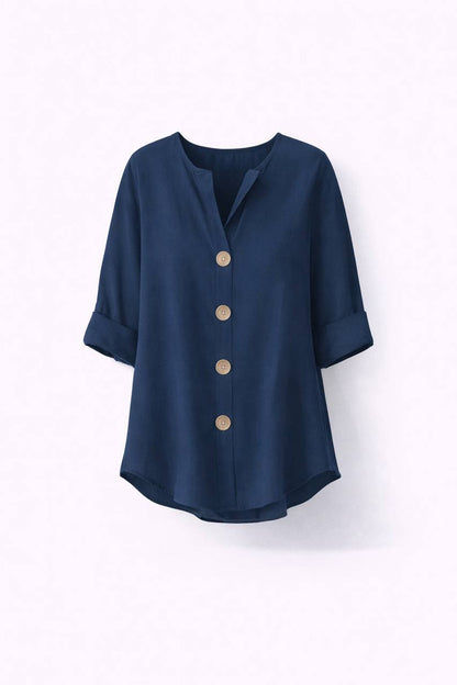 V-Neck Button Front Blouse – Relaxed Fit 3/4 Sleeve Casual Top