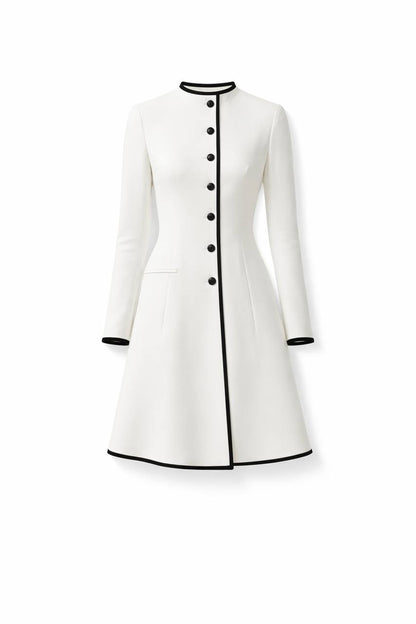 Long Sleeve Mini Dress – Elegant Round Neck A-Line Dress with Contrast Trim