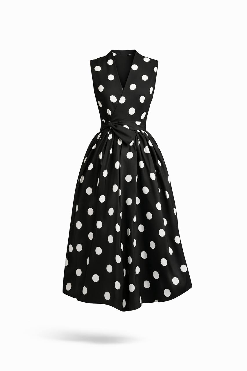 Polka Dot Midi Dress – Flare Dress with Cinched Waist and Flowy Skirt