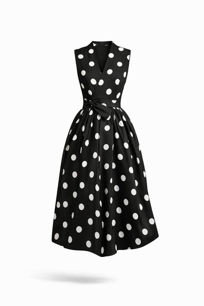 Polka Dot Midi Dress – Flare Dress with Cinched Waist and Flowy Skirt