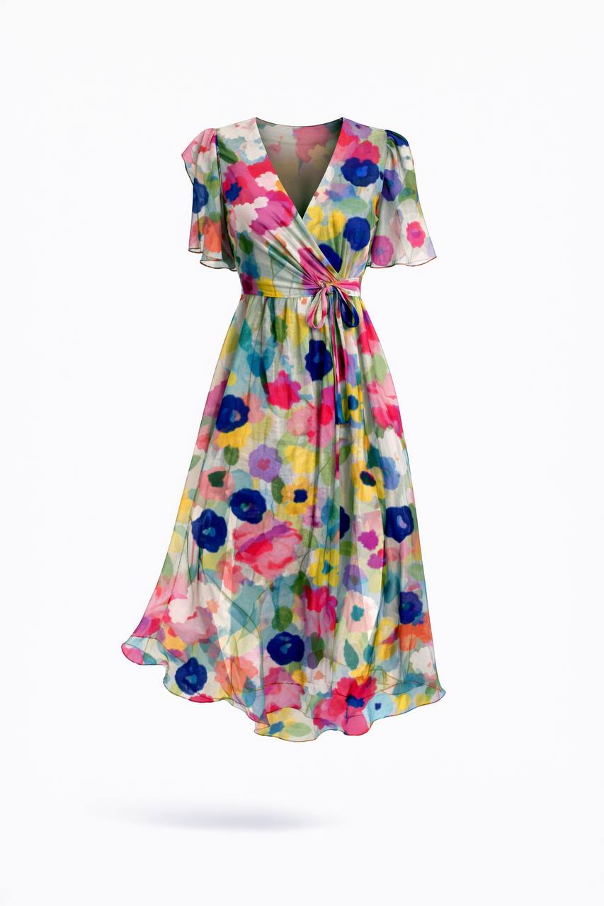 Floral Wrap Midi Dress – V-Neck Short Sleeve Dress with Tie Waist and Flowy Skirt