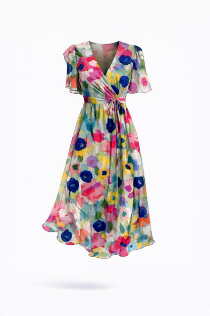 Floral Wrap Midi Dress – V-Neck Short Sleeve Dress with Tie Waist and Flowy Skirt