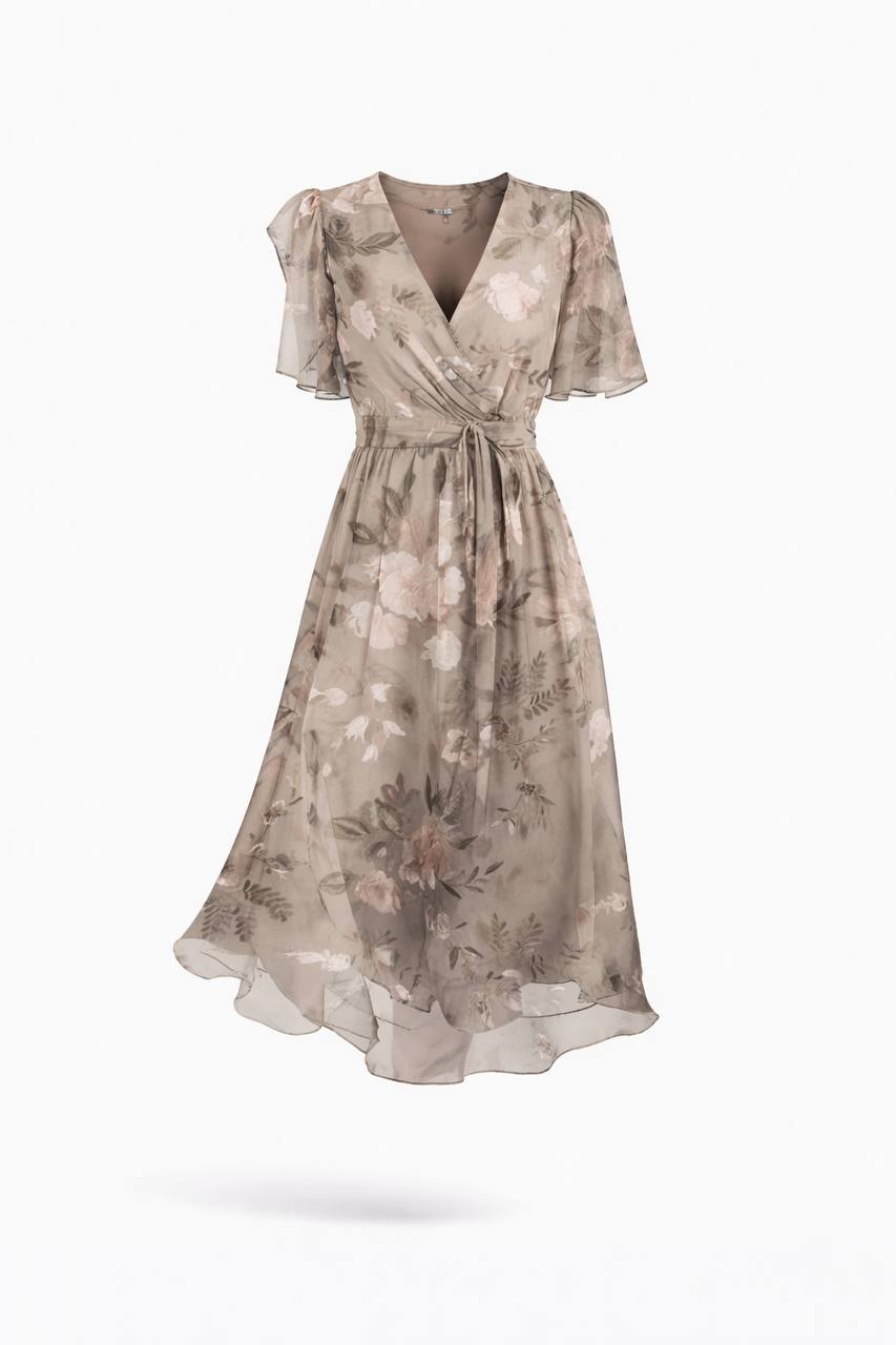 Floral Wrap Midi Dress – V-Neck Short Sleeve Dress with Tie Waist and Flowy Skirt
