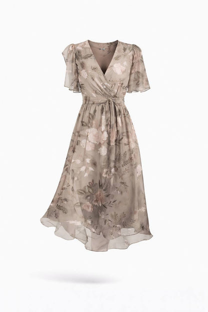 Floral Wrap Midi Dress – V-Neck Short Sleeve Dress with Tie Waist and Flowy Skirt