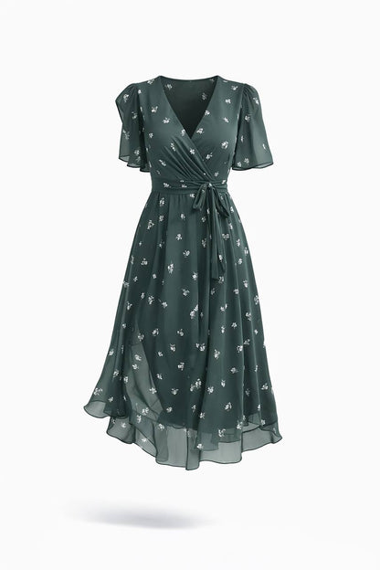 Floral Wrap Midi Dress – V-Neck Short Sleeve Dress with Tie Waist and Flowy Skirt