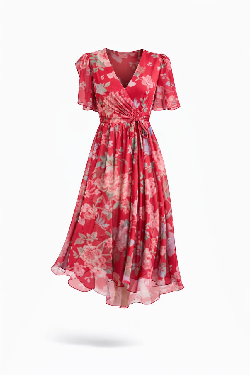 Floral Wrap Midi Dress – V-Neck Short Sleeve Dress with Tie Waist and Flowy Skirt