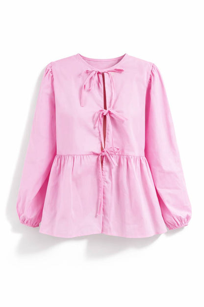 Striped Tie Front Blouse – Long Sleeve Peplum Top with Bow Details and Relaxed Fit