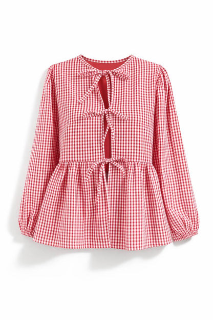Striped Tie Front Blouse – Long Sleeve Peplum Top with Bow Details and Relaxed Fit