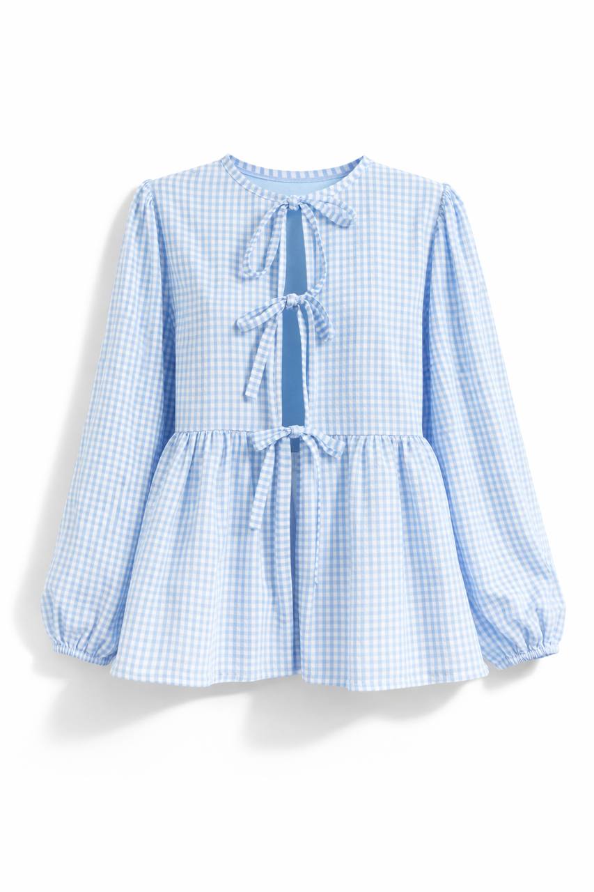 Striped Tie Front Blouse – Long Sleeve Peplum Top with Bow Details and Relaxed Fit