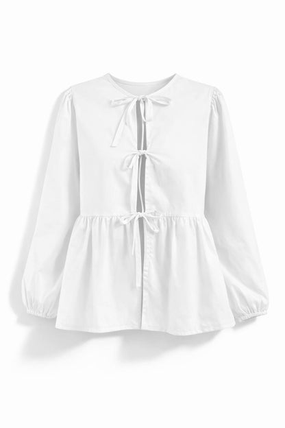 Striped Tie Front Blouse – Long Sleeve Peplum Top with Bow Details and Relaxed Fit