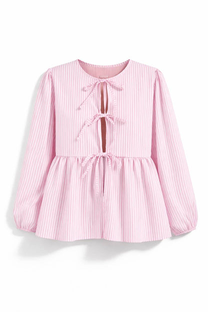 Striped Tie Front Blouse – Long Sleeve Peplum Top with Bow Details and Relaxed Fit