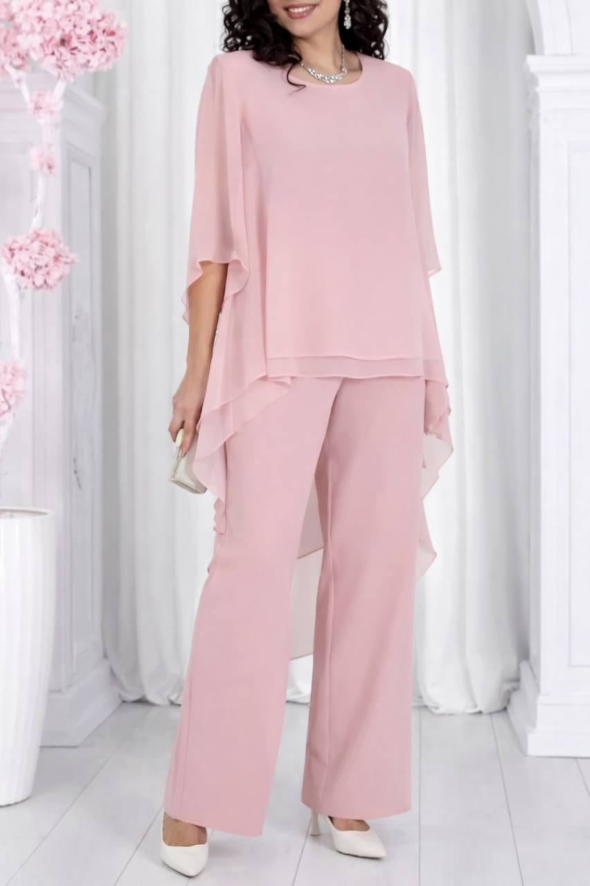 Layered Chiffon Top & Pants Set – Long Sleeve Asymmetric Tunic Top & Trousers