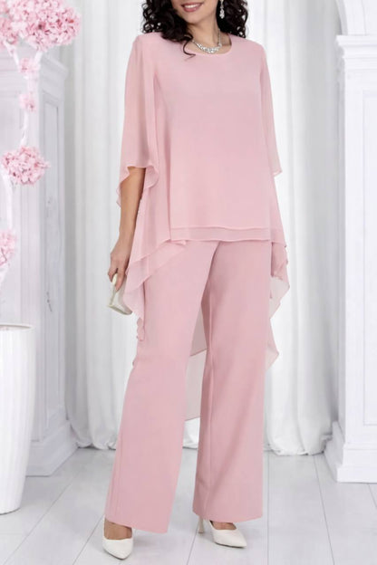 Layered Chiffon Top & Pants Set – Long Sleeve Asymmetric Tunic Top & Trousers