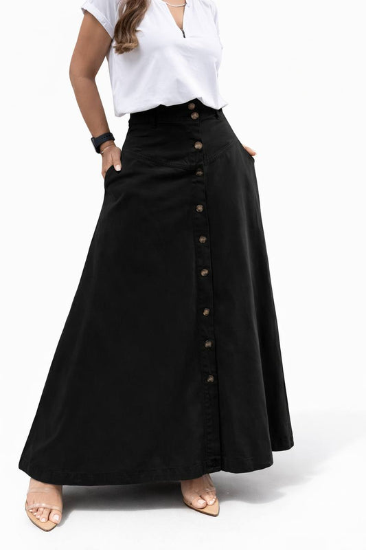 Button Front A-Line Maxi Skirt  – High-Waisted Skirt with Pockets