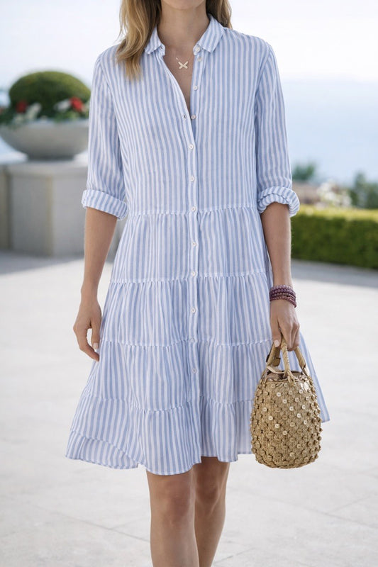 Striped Button Down Shirt Dress – Long Sleeve Tiered Midi Dress