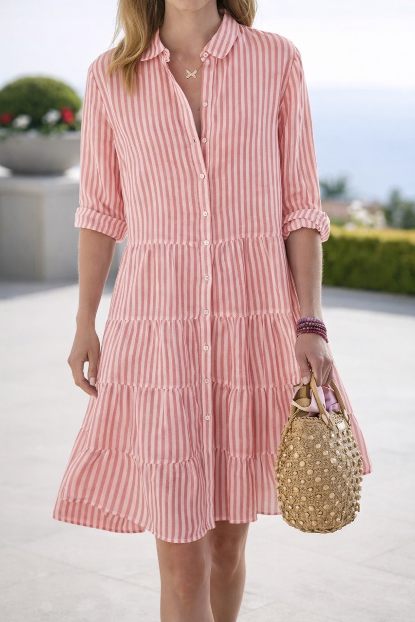 Striped Button Down Shirt Dress – Long Sleeve Tiered Midi Dress