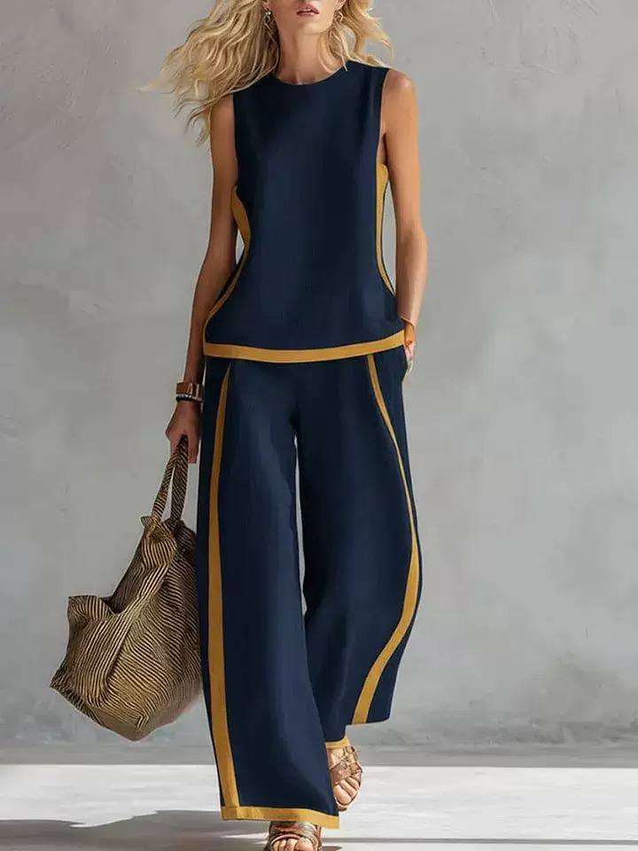 Women's Linen Sleeveless Wide Leg Two Piece Set