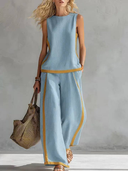 Women's Linen Sleeveless Wide Leg Two Piece Set
