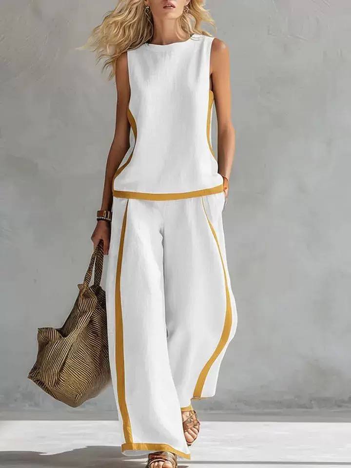Women's Linen Sleeveless Wide Leg Two Piece Set