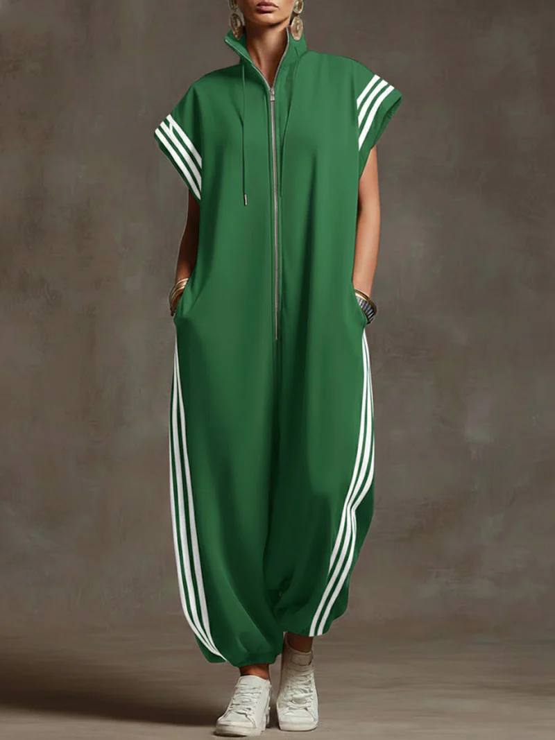 Women's Hooded Zip Neck Striped Wide Leg Jumpsuit