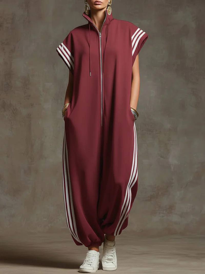 Women's Hooded Zip Neck Striped Wide Leg Jumpsuit
