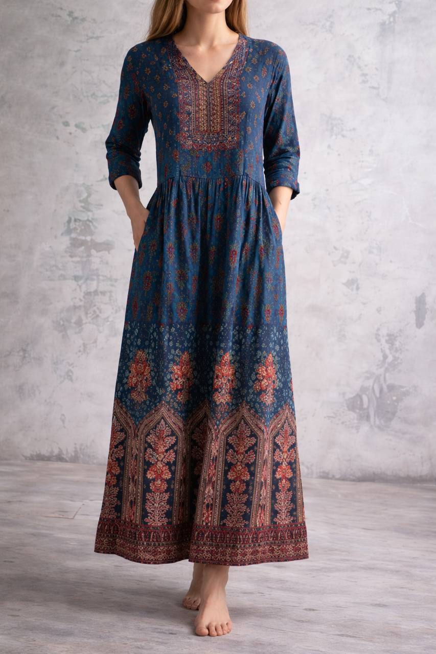 Women's Bohemian Patterned Long Sleeve Maxi Dress