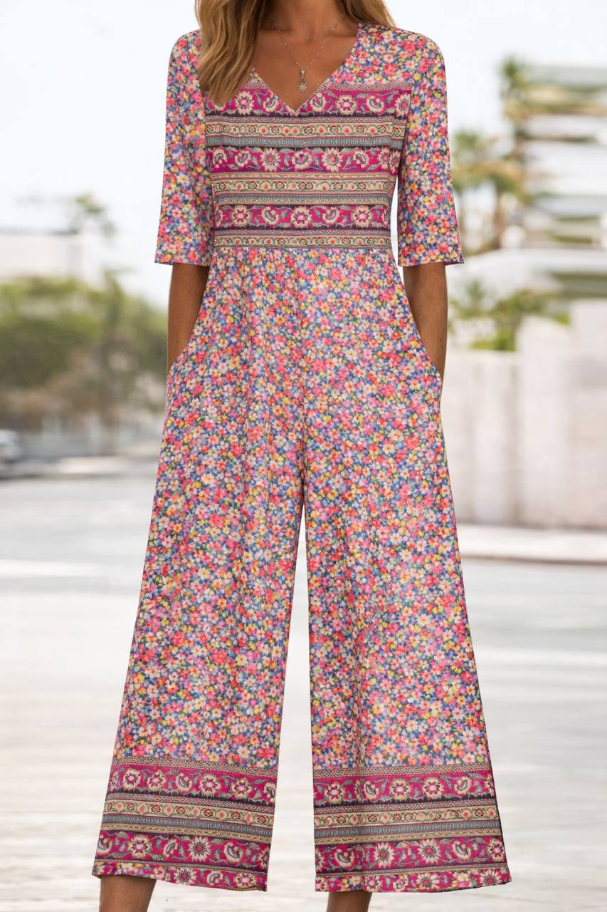 Women's Bohemian Print V Neck Wide Leg Jumpsuit