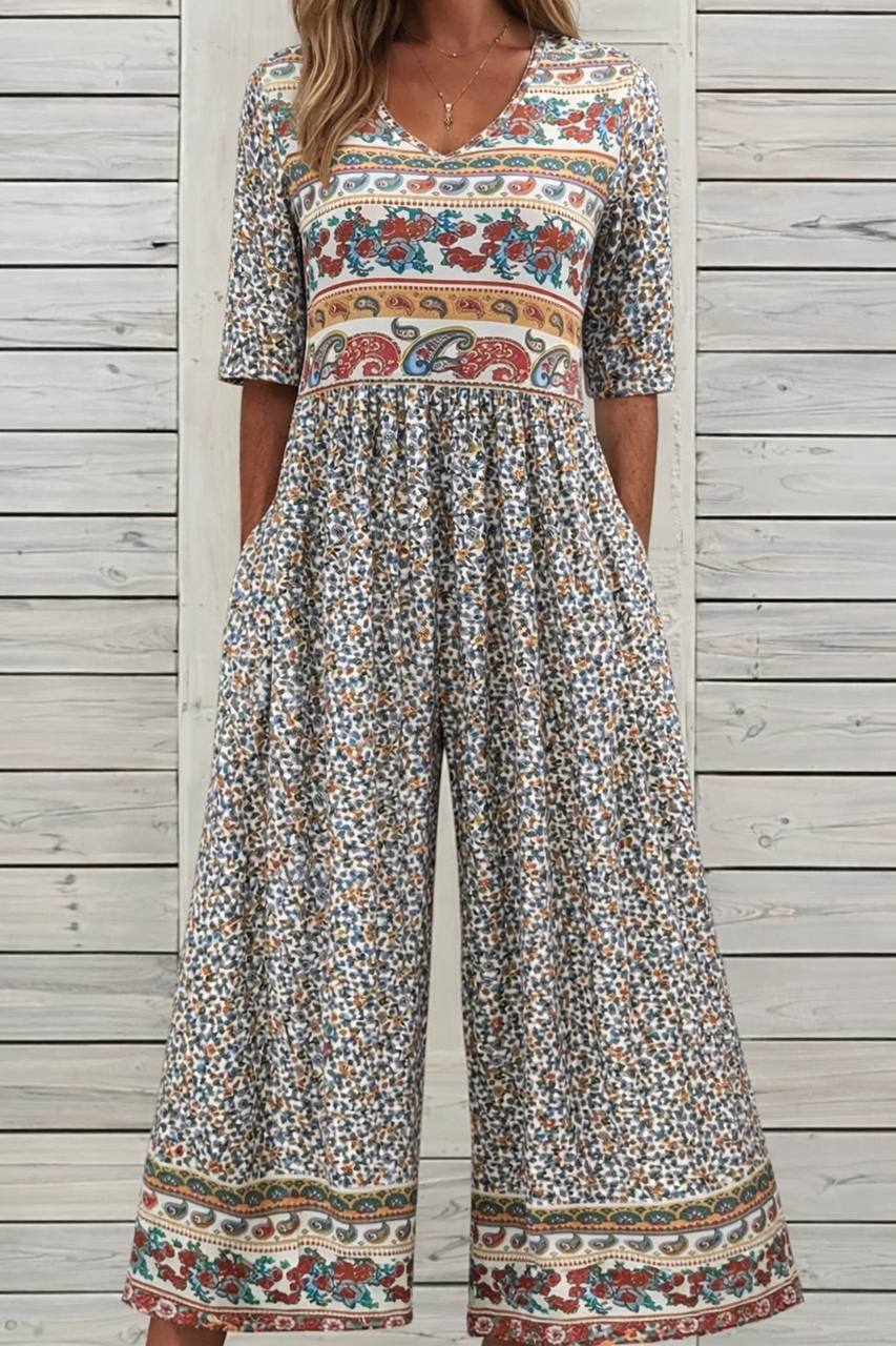 Women's Bohemian Print V Neck Wide Leg Jumpsuit