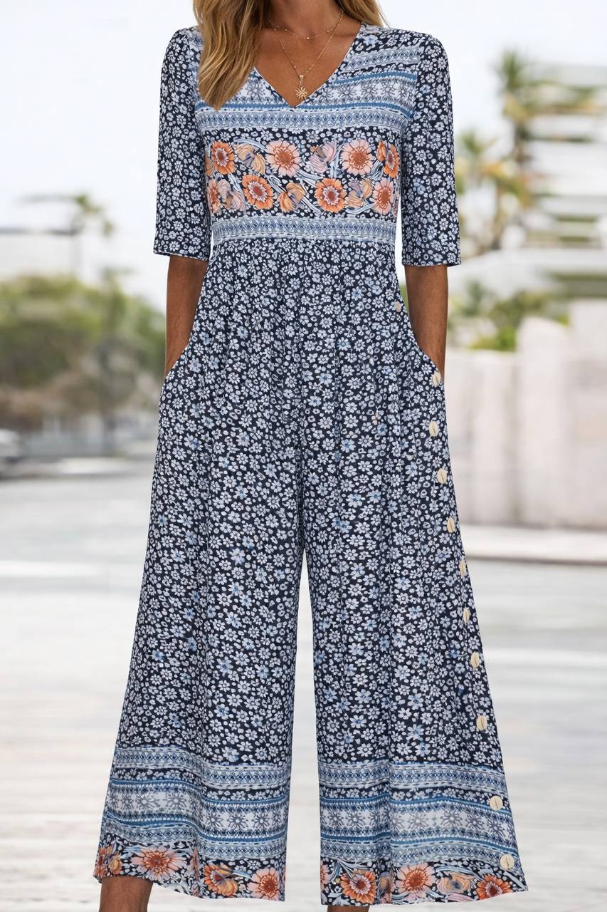 Women's Bohemian Print V Neck Wide Leg Jumpsuit