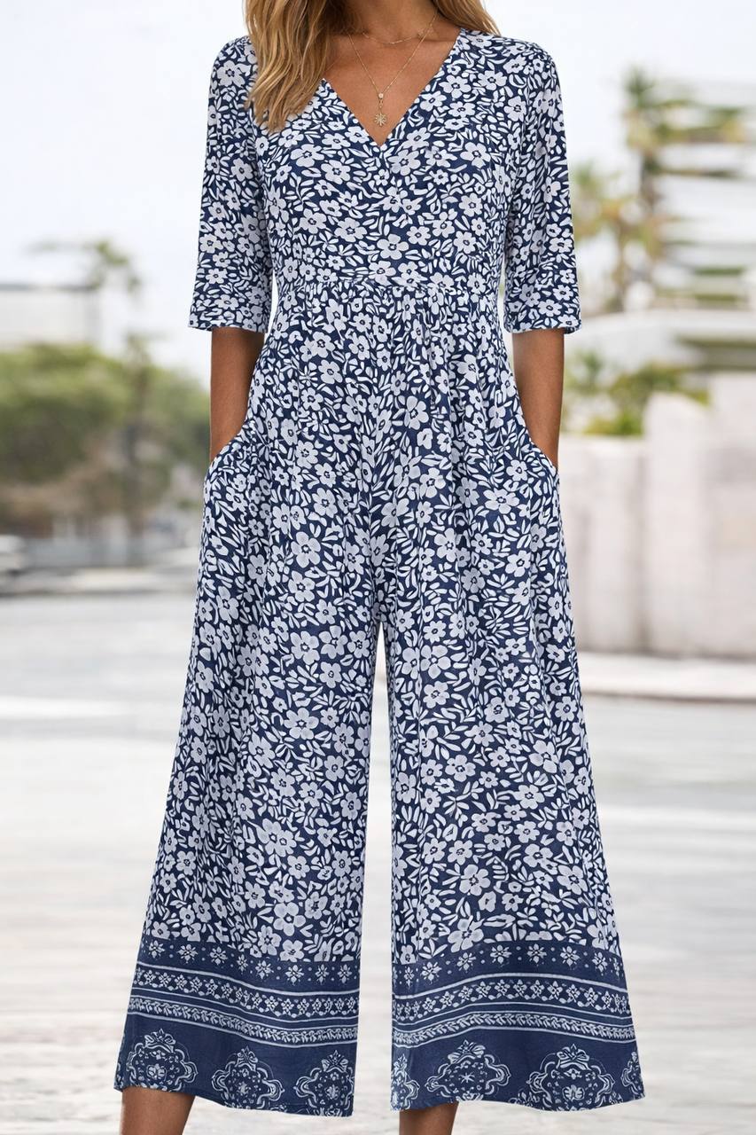 Women's Floral Half Sleeve Wide Leg Jumpsuit