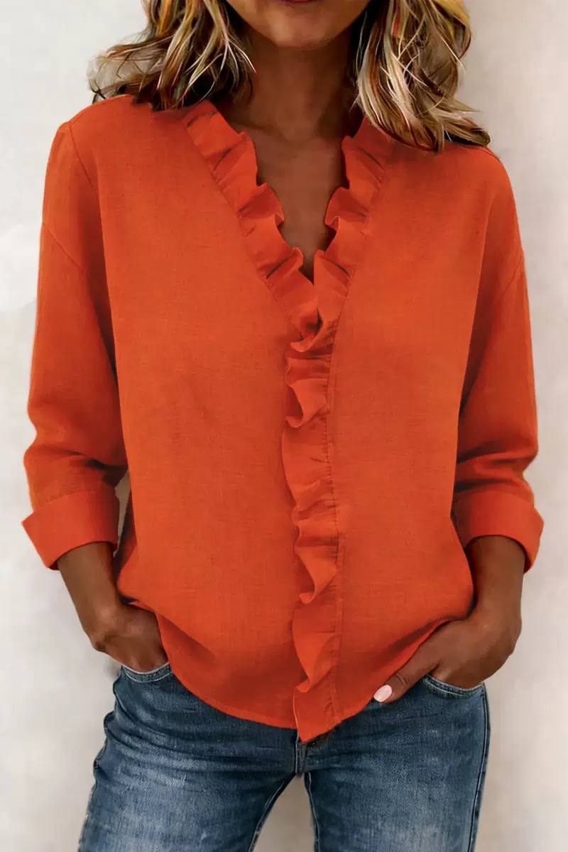 Women's Ruffle V Neck Long Sleeve Blouse