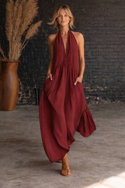 Women's Sleeveless Halter Neck Maxi Dress with Pockets
