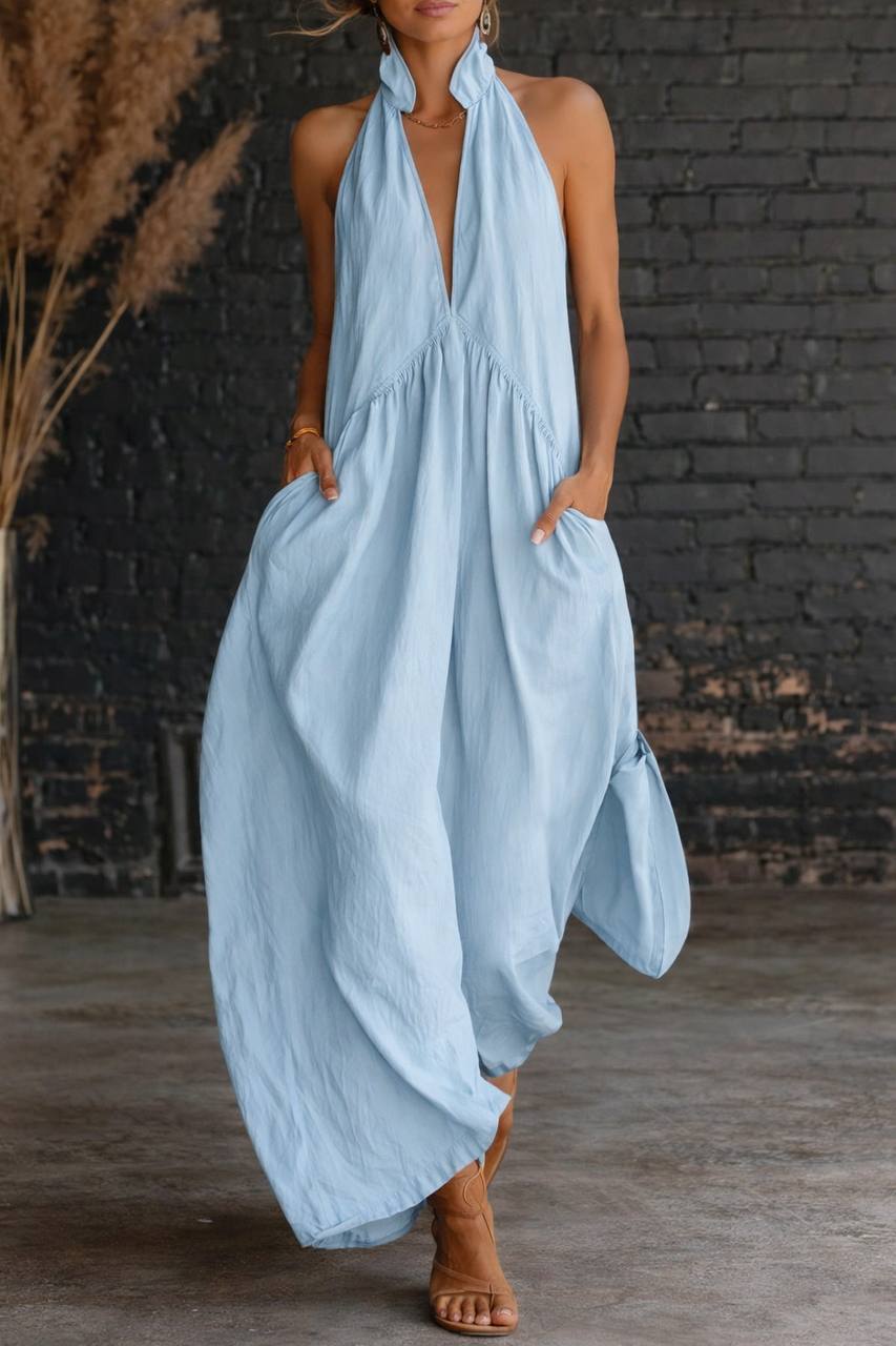 Women's Sleeveless Halter Neck Maxi Dress with Pockets
