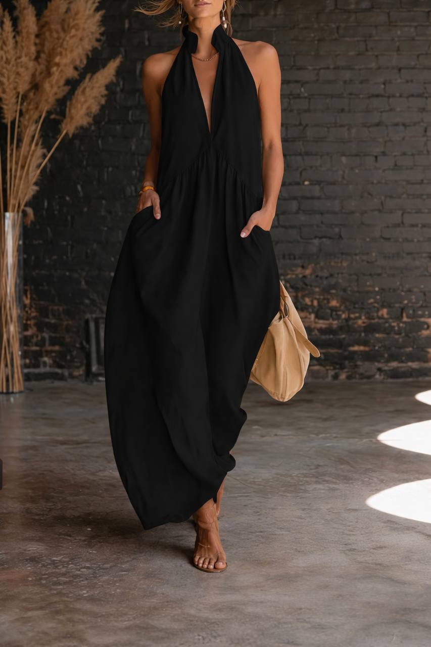 Women's Sleeveless Halter Neck Maxi Dress with Pockets