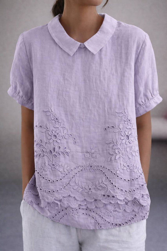 Women's Floral Linen Embroidered Peter Pan Collar Blouse