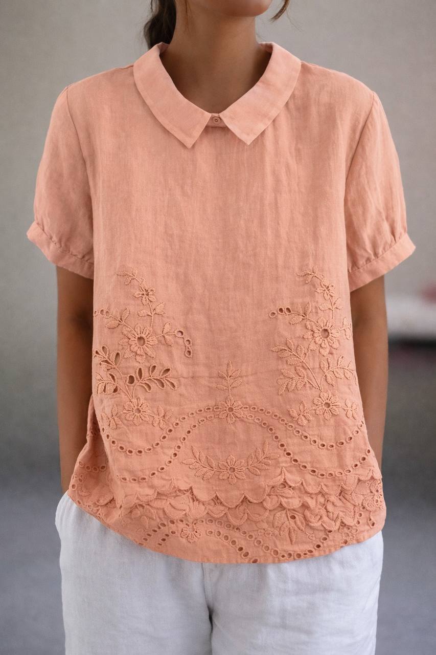Women's Floral Linen Embroidered Peter Pan Collar Blouse