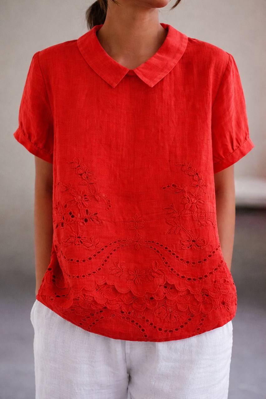 Women's Floral Linen Embroidered Peter Pan Collar Blouse
