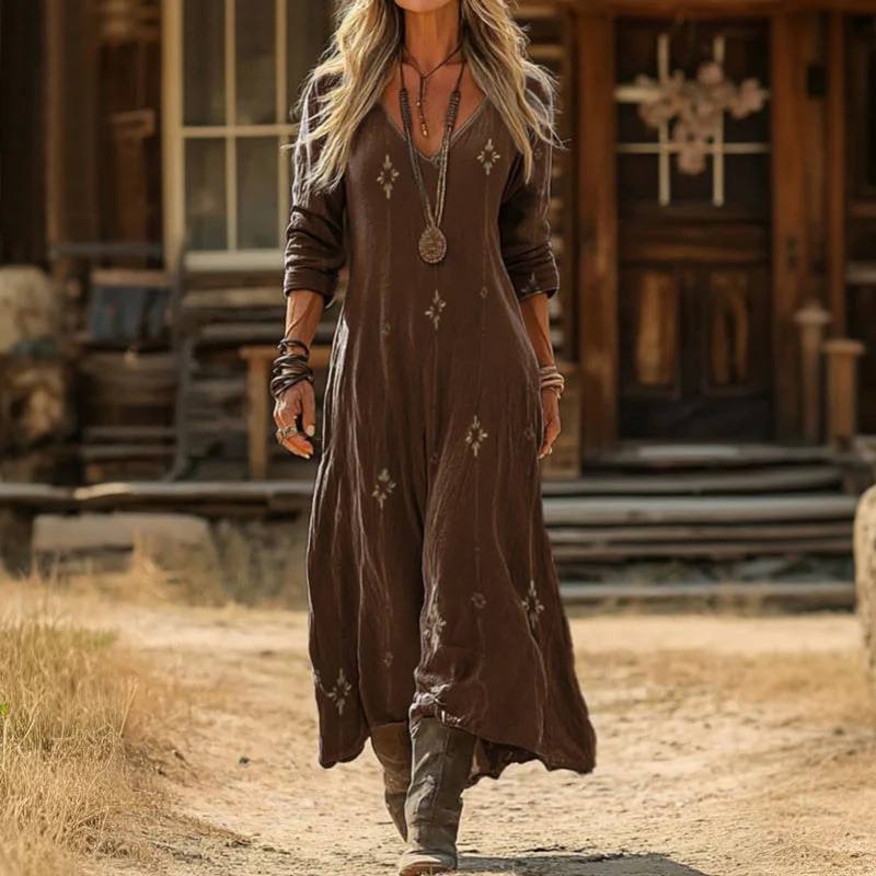 Women's Boho V Neck Long Sleeve Maxi Dress