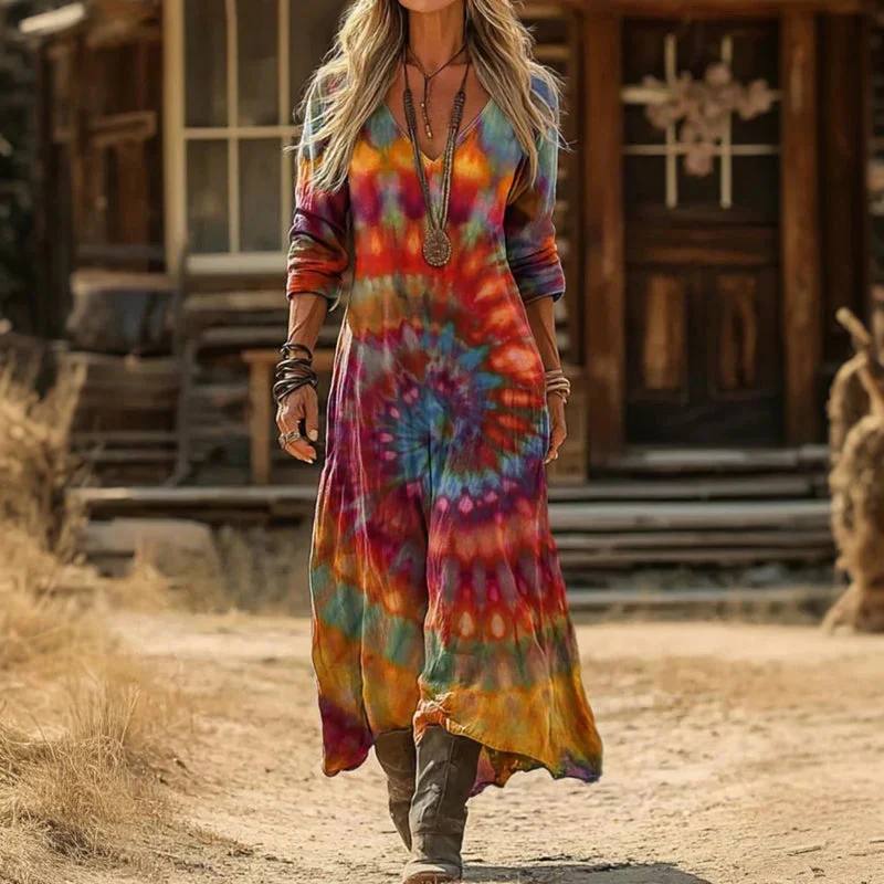 Women's Boho V Neck Long Sleeve Maxi Dress