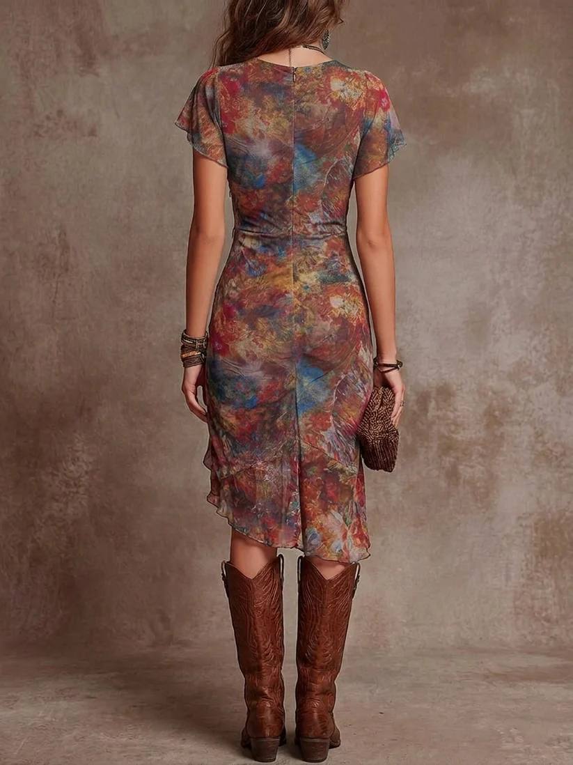 Women's Boho Floral Ruched Midi Dress