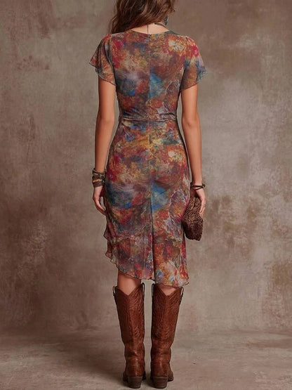 Women's Boho Floral Ruched Midi Dress