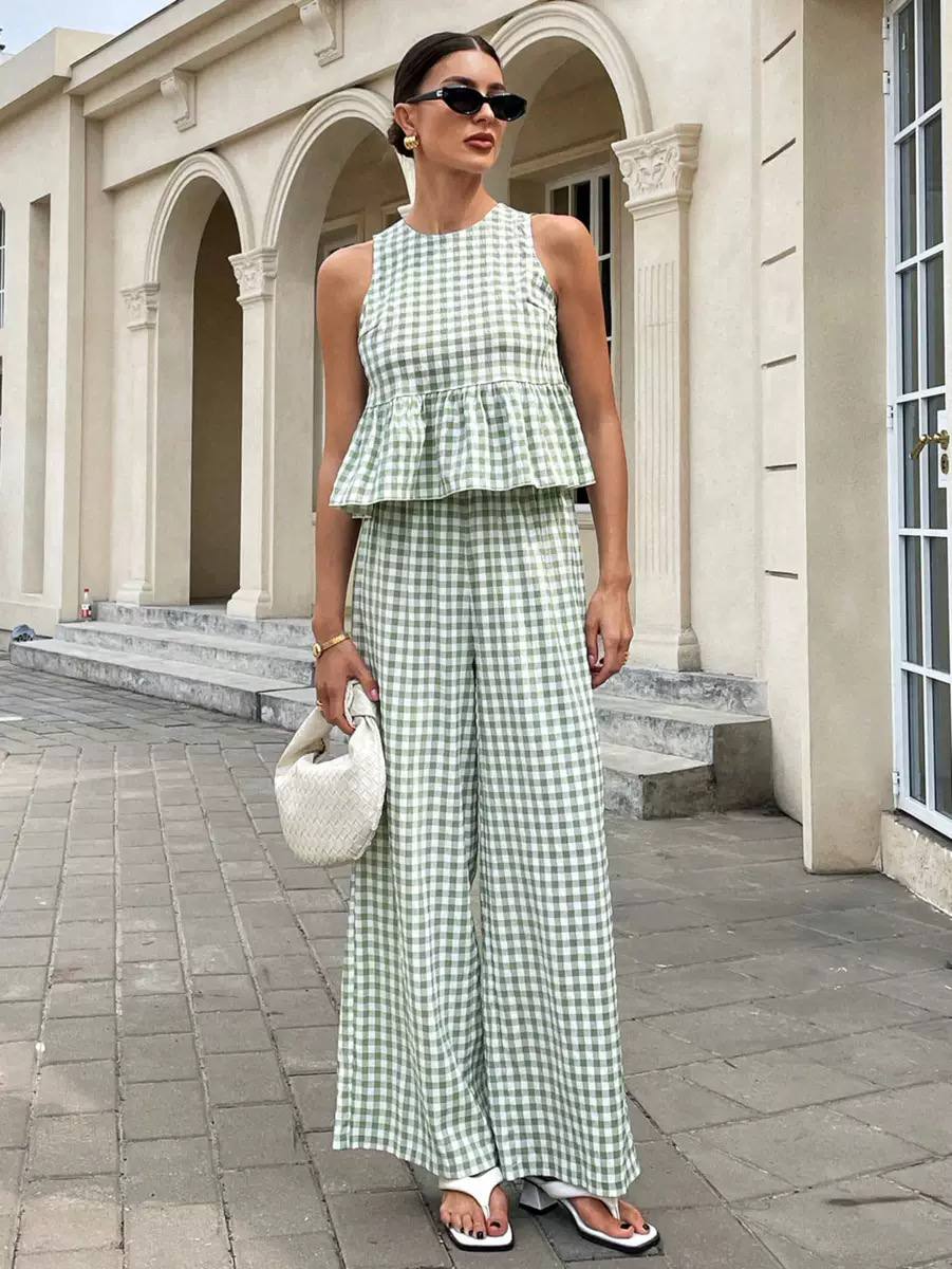 Women's Gingham Wide Leg Co Ord Set
