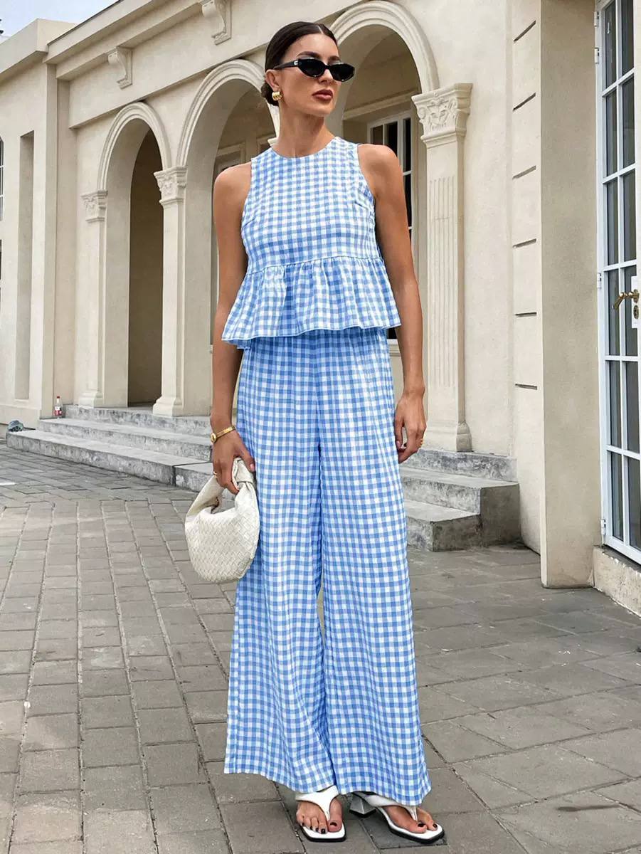 Women's Gingham Wide Leg Co Ord Set