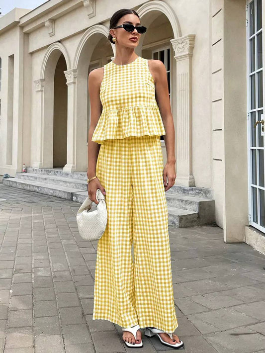 Women's Gingham Wide Leg Co Ord Set