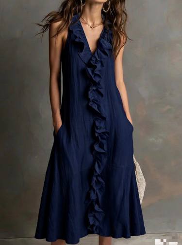Women's Sleeveless Ruffle Maxi Flowy Dress with Pockets