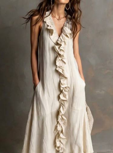 Women's Sleeveless Ruffle Maxi Flowy Dress with Pockets