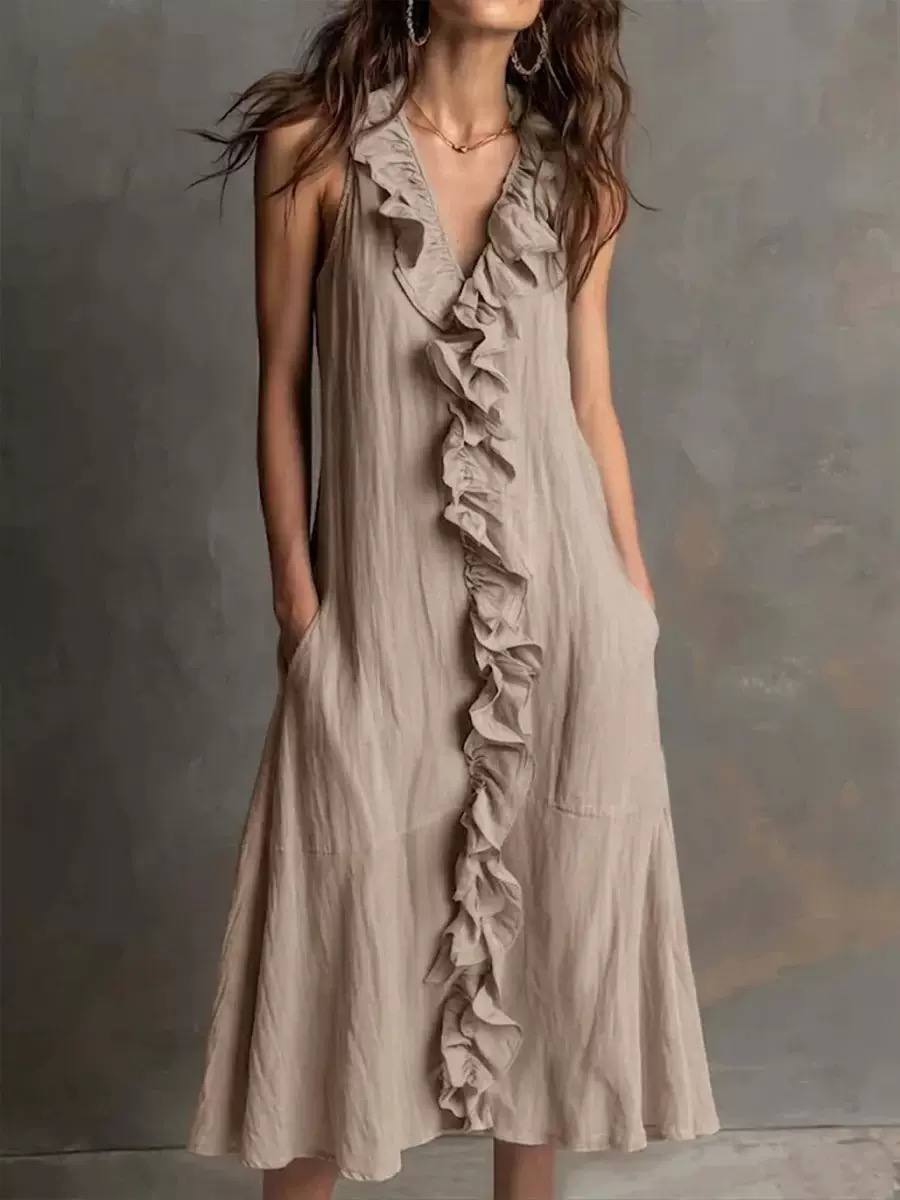 Women's Sleeveless Ruffle Maxi Flowy Dress with Pockets